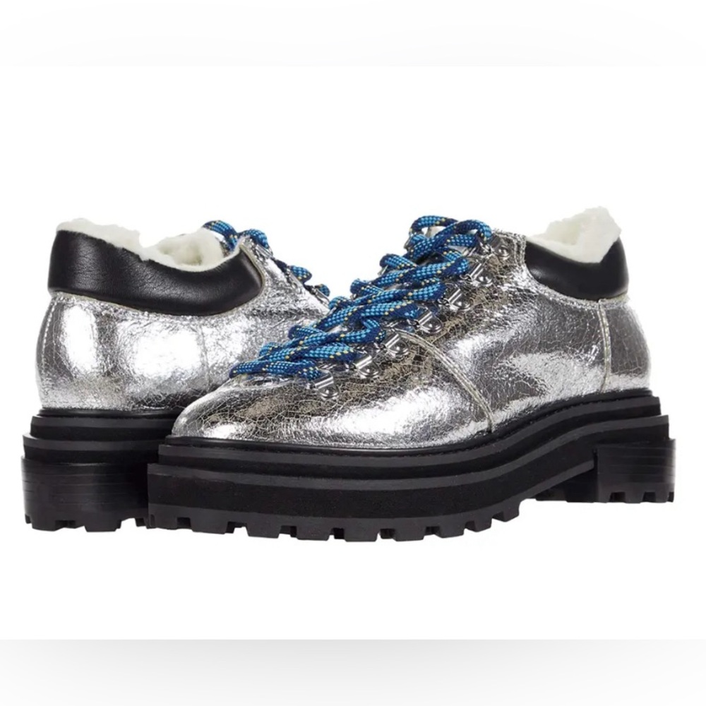 Schutz Lucille Faux Shearling Lined Metallic Silver Leather Hiking Boots Size 8B